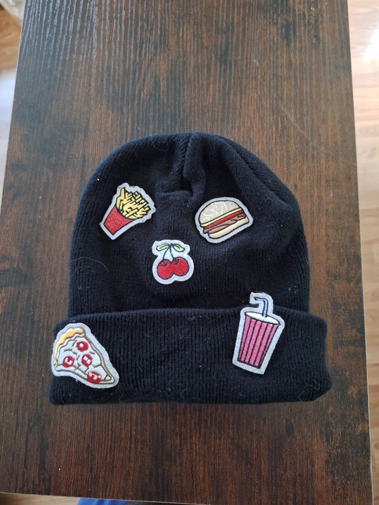 Other - Kids Unisex Black Beanie Hat with Fun Food Patches